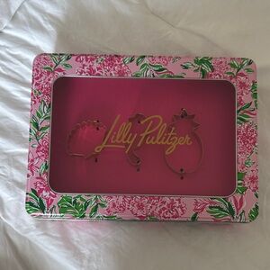 Lilly Pulitzer Pink Floral Tin with cookie cutters and snack bags